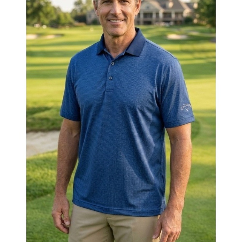 Callaway Opti-Dri Mens Large Blue Micro Check Performance Golf Polo Shirt L
